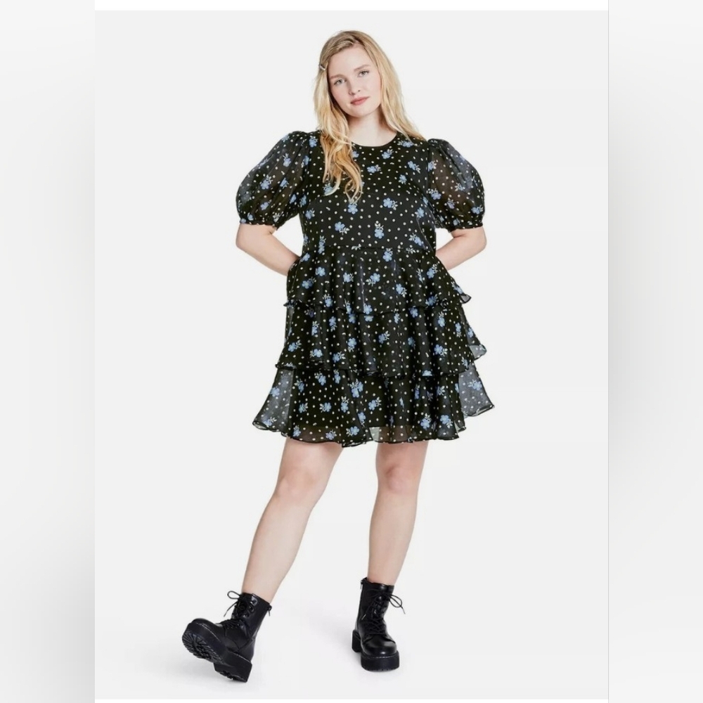 Sandy Liang Black Mini Dress with Light Blue Floral Print